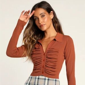 Lulus Rust Brown Ruched Button-Up Sweater